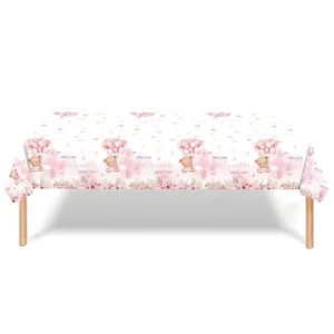 Detail of pink Teddy Bear baby shower tablecloth with We Can Bearly Wait To Meet You text