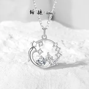 Macro view of S925 silver necklace with star pattern pendant and white zircon stones