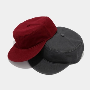 Flat top cadet caps in burgundy and dark grey, featuring premium cotton twill texture