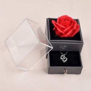Preserved red rose gift box with heart pendant necklace and acrylic cover for Valentine's