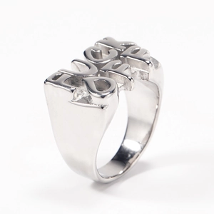 Detailed view of silver titanium steel ring featuring FUCK OFF letter design on white background
