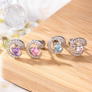 Romantic heart and moon zircon stud earrings in silver finish with colorful gemstones