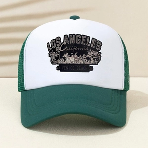 Detailed front view of white and green Los Angeles mesh trucker hat with beach graphics