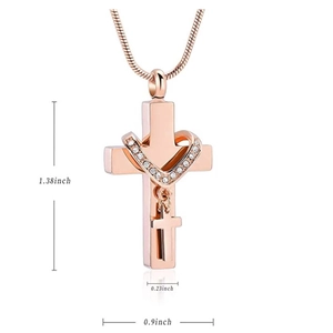Rose gold double cross cremation urn necklace with rhinestones and precise size dimensions