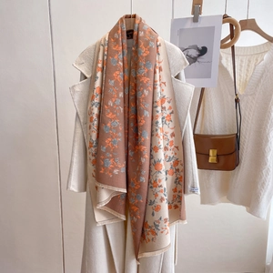 Women Faux Cashmere Shawl Scarf Double Sided Jacquard Floral Print Warm Winter Pashmina Wrap With Tassel Fringe