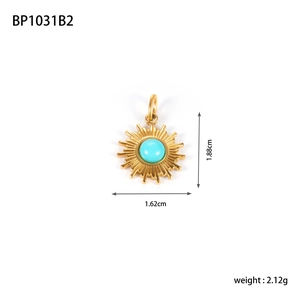 Detailed sun-shaped stainless steel pendant with blue natural stone and size measurements