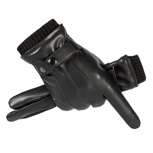 Men's thermal black PU leather touchscreen gloves with warm fleece lining and knit cuffs