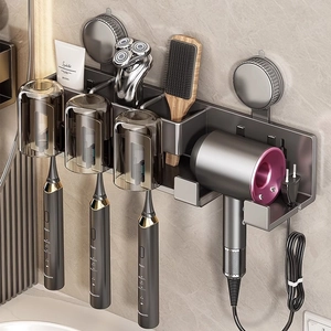 Wall Mounted Toothbrush Holder And Hair Dryer Rack Space Aluminum Suction Cup Bathroom Organizer For Toothbrushes And Cups