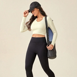 Ribbed long sleeve yoga crop top with V-neck and high waist leggings for fitness sports