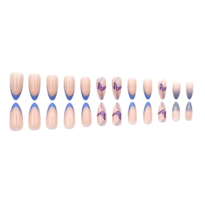 Set of 24 almond press-on nails in nude pink with blue French tips and purple butterflies