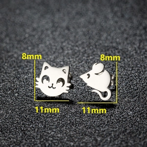 Korean style asymmetrical cat and mouse silver stud earrings with 11mm size dimensions