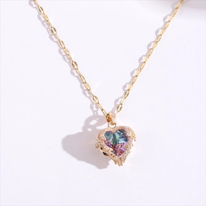 Colorful heart pendant necklace with gold plated chain and sparkling cubic zirconia stones