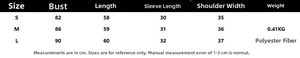 Detailed size chart for women's beaded short-sleeved knitwear in S, M, and L dimensions