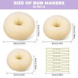 Detailed size specifications for beige bun makers and golden U-shaped hair clips set