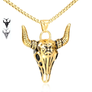 Bull Head Skull Pendant Necklace Retro Stainless Steel Punk Ox Horn Jewelry For Men Women Vintage