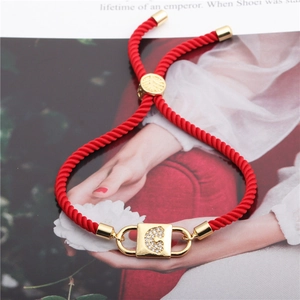 Adjustable red rope bracelet with gold lock pendant and cubic zirconia letter C charm