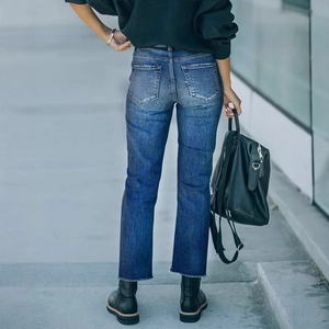 Vintage blauwe ripped jeans met hoge taille voor dames, slim fit rugzijde en rafelige zoom