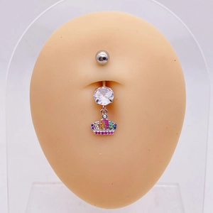 Stainless steel belly button ring featuring a rainbow crown pendant with colorful zircons