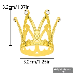 Macro view of gold alloy mini crown with white rhinestones and size specifications