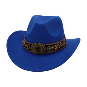 Royal blue wide brim wool felt cowboy hat with vintage ethnic embroidery and bronze buckle