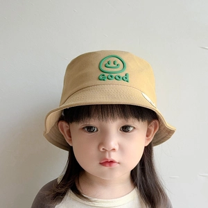 Child's khaki cotton bucket hat with green Good text and smiley face embroidery