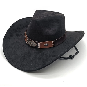 Western Cowboy Hat Vintage Suede Wide Brim With Bull Head Leather Band And Adjustable Windproof Rope For Outdoor Ethnic Style