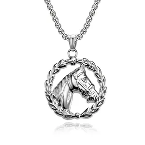 Retro Horse Head Pendant Necklace Stainless Steel Laurel Wreath Animal Medallion Jewelry Men Women Hip Hop Style