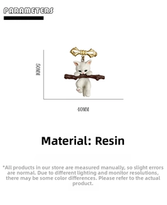 Detailed view of resin cat brooch with size markings 50mm height and 40mm width