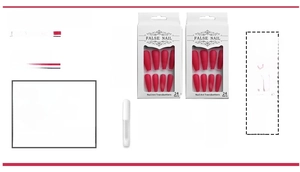 Detail view of red matte coffin false nails set including two boxes and glue
