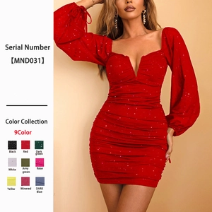 Robe Courte Moulante Sexy À Col En V Profond Pailletée Froncée Manches Lanterne En Maille Dos Nu Soirée