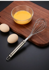 Close-up of SUS 304 stainless steel whisk handle with engraved material logo on wood