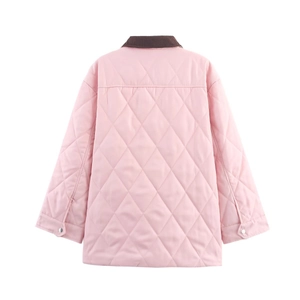 Pink quilted jacket with brown corduroy collar and diamond stitch pattern from back view