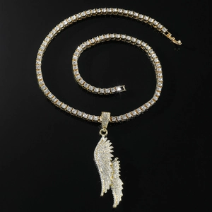 Iced out hip hop wing pendant necklace with sparkling rhinestones on gold tennis chain