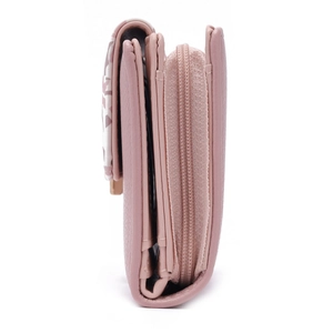 Pink PU leather women's long wallet featuring zipper compartment and buckle closure