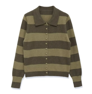 Detailed view of the olive and brown striped knit polo with ribbed cuffs and buttons