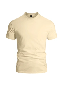 Detailed close-up of a minimalist light beige crew neck t-shirt in premium knit cotton