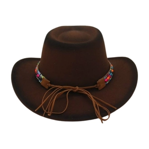 Close-up of colorful ethnic beaded band and leather cord on brown wool fedora hat