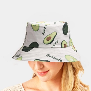 Unisex white bucket hat with avocado print and text for summer outdoor sun protection