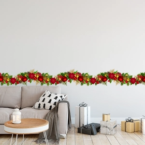 Sticker mural de Noël avec fleurs rouges, pommes de pin et boules décoratives dorées