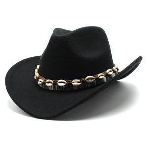 Chapeau De Cowboy Rétro En Feutre De Laine À Bord Large Fedora Avec Bande Décorative En Coquillages Style Bohème Mixte