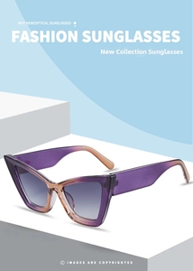 Detail view of purple gradient cat eye sunglasses with grey lenses on geometric background