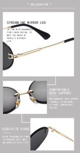Detailed views of rimless oval sunglasses showing metal hinges, nose pads and temples