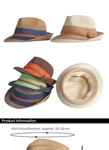Close-up of woven straw hat details with 56-58cm circumference information and textures