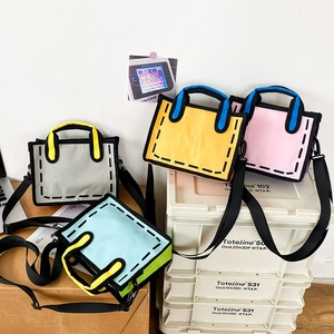Set of 2D comic style canvas tote bags in grey, yellow, pink, and blue colors