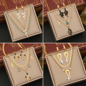 Gold Stainless Steel Snake Necklace And Earrings With Rhinestone Pave Turquoise Beads Double Layer Jewelry For Women