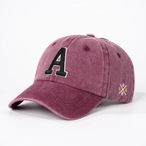 Vintage burgundy washed cotton baseball cap with letter A embroidery and adjustable strap