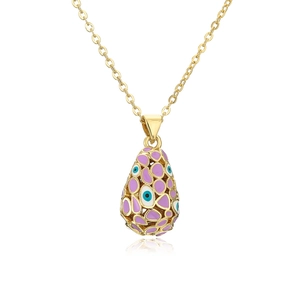 Detail of 18K gold-plated teardrop pendant featuring purple enamel and an evil eye motif