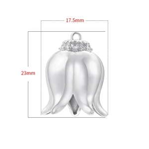 Detail view of tulip flower pendant showing 17.5mm width and 23mm height dimensions