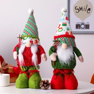Blue Sequin Christmas Gnome Decor Retractable Legs Skier Faceless Doll Knitted Fabric Plush Beard Tomte Home Ornament