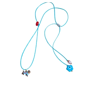 Blue woven cord dachshund and flower pendant necklace with adjustable red beads
